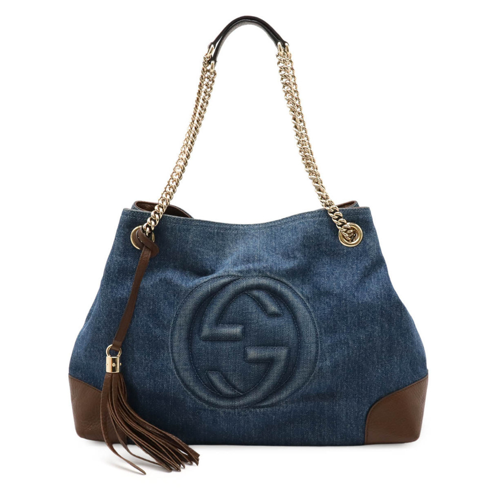 Gucci Soho Interlocking G Chain Bag Shoulder Tote Denim Leather Blue Brown